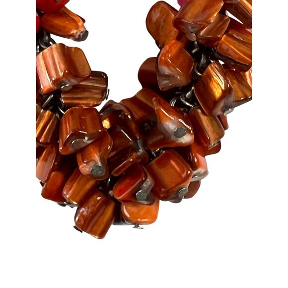 Statement Necklace Retro Boho Pink Red & Amber Stones Beads Silver Link Chain - Picture 3 of 6